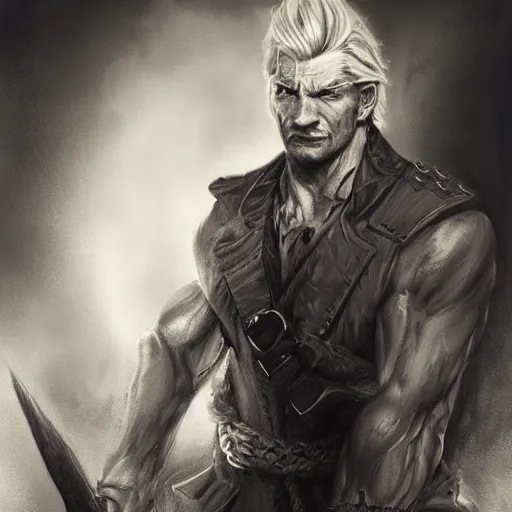 Image similar to portrait of a muscular, grim, ponytail haired blonde man in his late 30's, wearing a thick brown leather coat, looking to his side, scarred face, hunter, DnD character, fantasy character, dramatic lighting, high detail, graphite black and white by Ruan Jia, Krenz Cushart, Rossdraws and Boris Vallejo