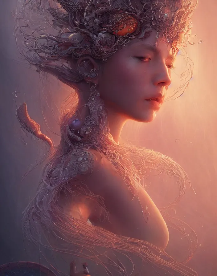 Image similar to goddess portrait. jellyfish phoenix head. intricate artwork by Tooth Wu and wlop and beeple. octane render, trending on artstation, greg rutkowski very coherent symmetrical artwork. cinematic, hyper realism, high detail, octane render, 8k, matte painting, peter mohrbacher, 3d