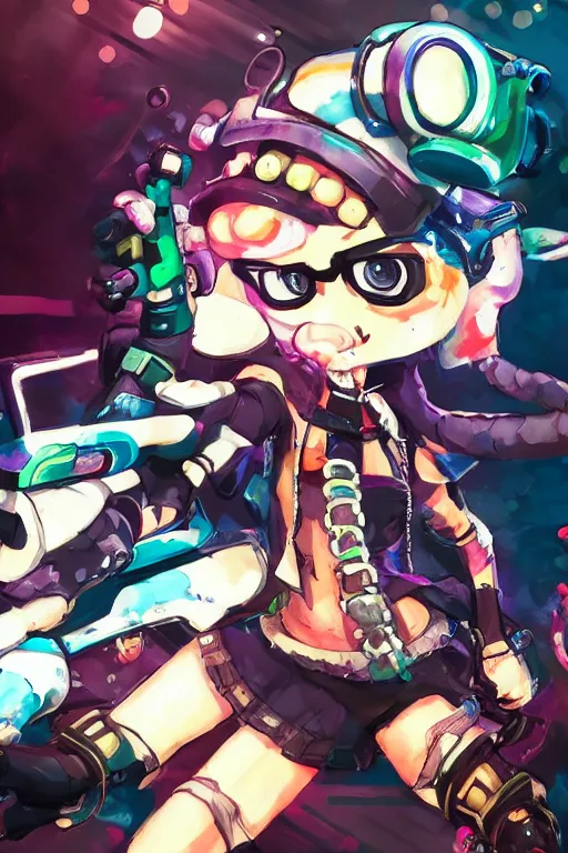 Image similar to splatoon nintendo one character dynamic poses digital painting on canvas, victorian steampunk, yoji shinkawa, yoshitaka amano, cyberpunk, trending on artstation, featured on pixiv, cinematic composition, 8 k