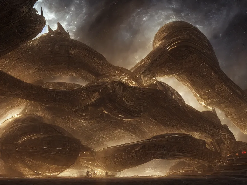 Prompt: goa'uld mausoleum spaceship, highly detailed, intricate, by Raphael Lacoste, Eddie Mendoza, Alex Ross, background of outer space nebulas by Pilar Gogar, concept art, matte painting, 8K HDR