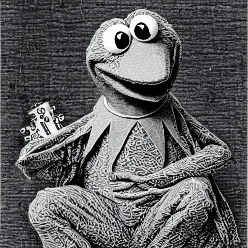 Image similar to Kermit the Frog by Gustave Dore, Sesame Street, intricate, very very detailed