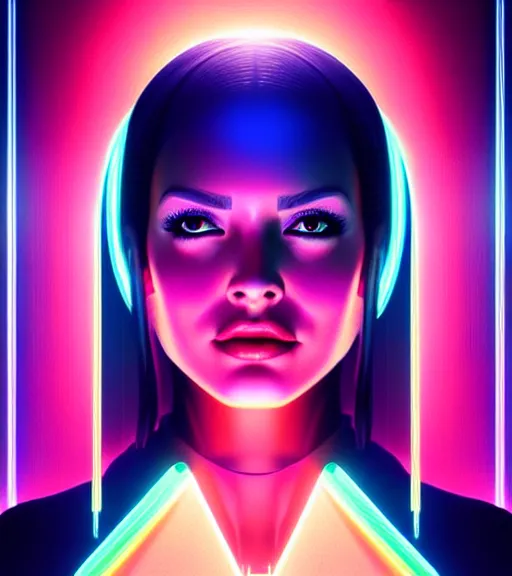 Image similar to symmetry!! latin princess of technology, solid cube of light, hard edges, product render retro - futuristic poster scifi, lasers and neon circuits, beautiful woman latin princess, intricate, elegant, highly detailed, digital painting, artstation, concept art, smooth, sharp focus, illustration, dreamlike, art by artgerm