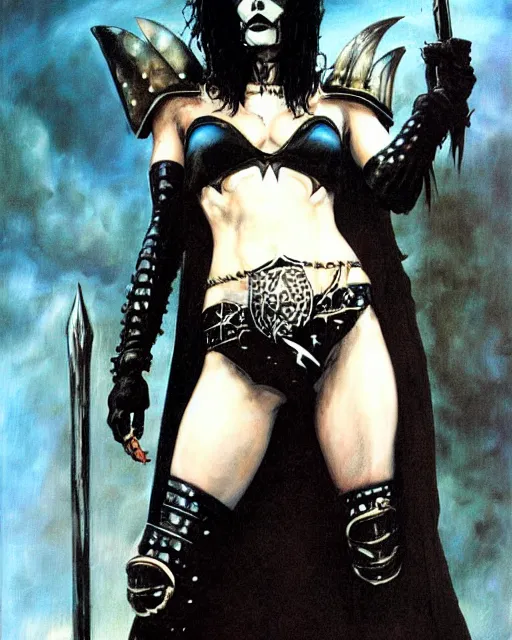 Image similar to portrait of a skinny punk goth sorceress wearing armor by simon bisley, john blance, frank frazetta, fantasy