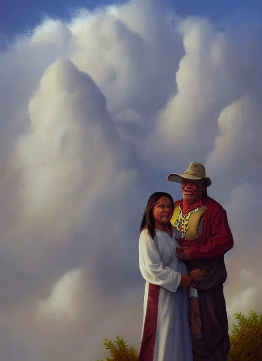 Image similar to portrait of indigenous grandfather and grandmother in the clouds, smiling, protection, benevolence, ancestors, art by christophe vacher