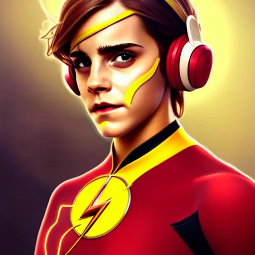 Image similar to beautiful Emma Watson as Kid Flash with a headset, western, closeup, D&D, fantasy, intricate, elegant, highly detailed, digital painting, artstation, concept art, matte, sharp focus, illustration, art by Artgerm and Greg Rutkowski and Alphonse Mucha