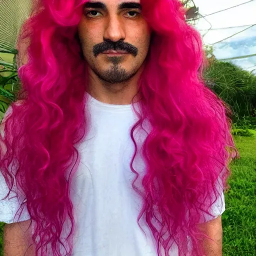Prompt: photo of Mario with long pink hair