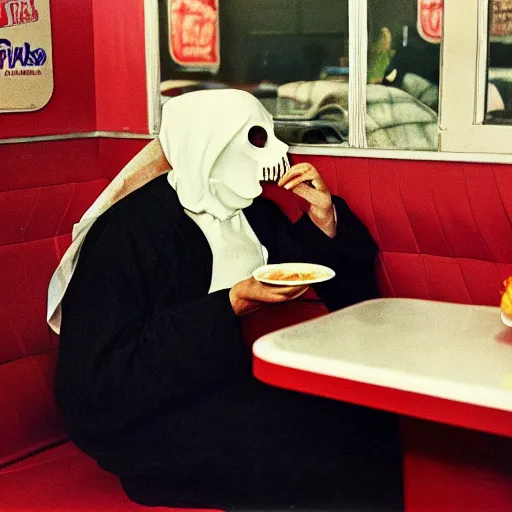 Image similar to A photo of the Grim Reaper enjoying pancakes in a 1950s diner, award-winning photography, by Saul Leiter