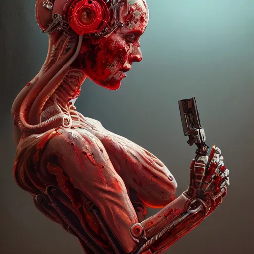 Image similar to A beautiful detailed painting of Dolores Abernathy bathing in blood, robot revolution, apocalypse, Westworld, highly detailed, digital painting, artstation, cgscoiety, cinematic, intricate, smooth, sharp focus, illustration, Unreal Engine 5, concept art, 8K, art by Esao Andrews.