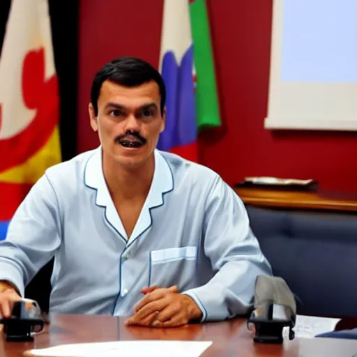 Prompt: Pedro Sánchez giving a meeting in his pajamas.