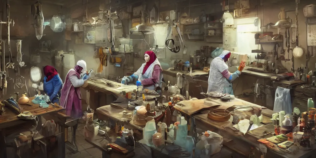 Prompt: an environmental concept art of a babushka surgeon in a cluttered mechanics workshop, surgical impliments, surgery table, highly detailed, cinematic, dramatic