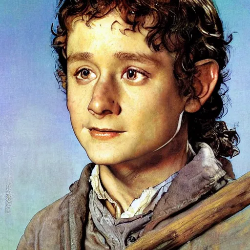 Image similar to Frodo Baggins head and shoulders portrait by norman Rockwell, epic