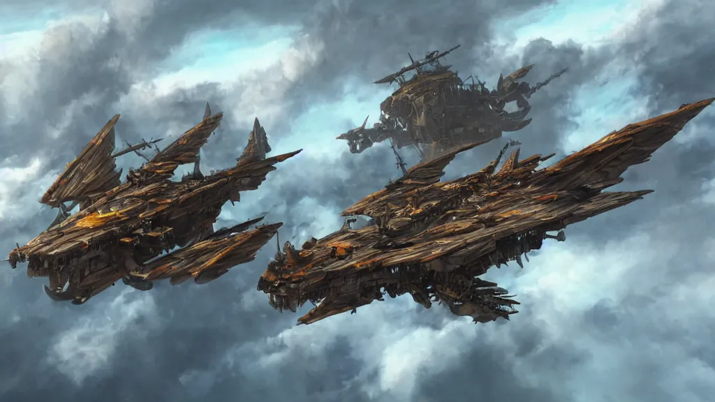 Image similar to an ancient skyship pulled by a pack of flying griffins, hyperrealistic, octane.