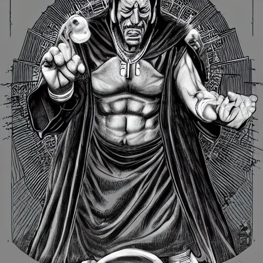 Image similar to Danny Trejo as church nun, dark fantasy, highly detailed, artstation, manga illustration by Kentaro Miura berserk