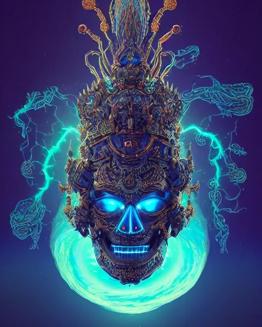 Image similar to 3 d ornate carved dark cosmic king with profile portrait, sigma 5 0 0 mm f / 5. beautiful intricate highly detailed quetzalcoatl skull. bioluminescent, plasma, lava, ice, water, wind, creature, thunderstorm! artwork by tooth wu and wlop and beeple and greg rutkowski, 8 k trending on artstation