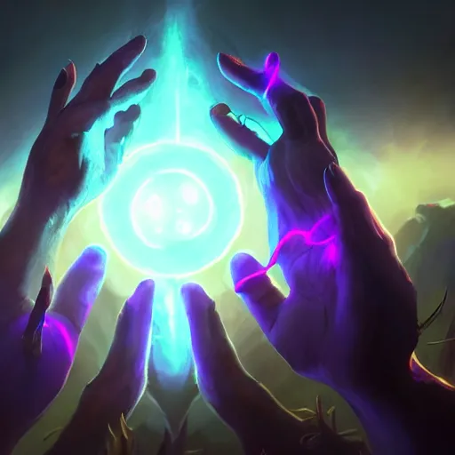 Prompt: glowing hands with fingers floating, eyes in the hand, glowing fingers, violet theme, bright art masterpiece artstation. 8 k, sharp high quality artwork in style of jose daniel cabrera pena and greg rutkowski, concept art by tooth wu, blizzard warcraft artwork, hearthstone card game artwork, human anatomy