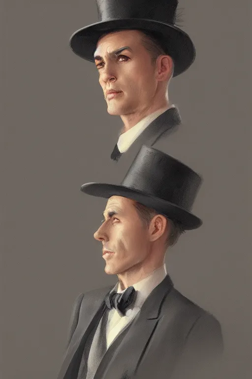 Prompt: a young man grey hair with stubble top hat and suit by Greg Rutkowski, painting, portrait, high details, trending on artstation