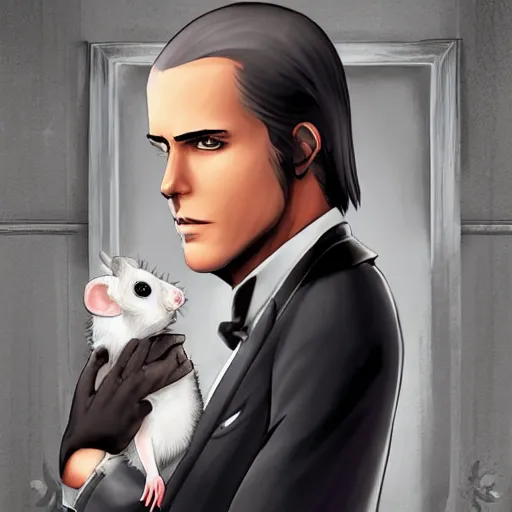 Image similar to urban fantasy butler that looks similar to michael kane, handsome, balding, well dressed, pet rat on shoulder