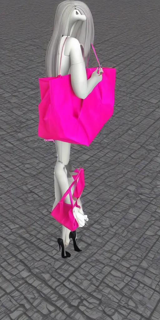 Image similar to rtx deprecated 3d glitched malice doll carrying a pink fashion bag in a street city psx rendered early 90s net art n64