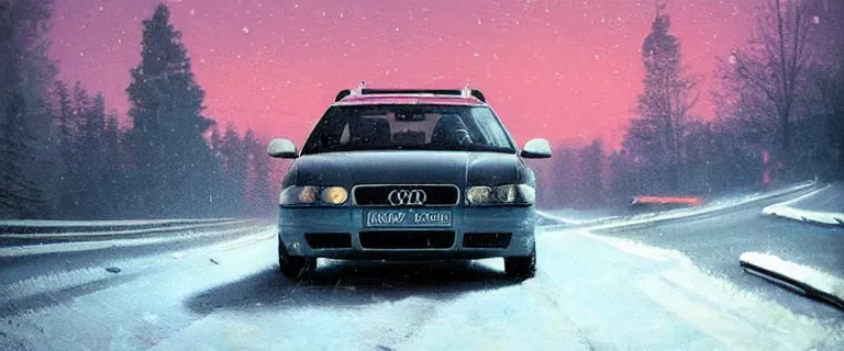 Image similar to Audi A4 B6 Avant (2002), a gritty neo-noir, dramatic bright lighting, cinematic, establishing shot, extremely high detail, photorealistic, cinematic lighting, artstation, by simon stalenhag, Snowy italian road, Snowy Apennines, At night, Poets of the Fall - Late Goodbye