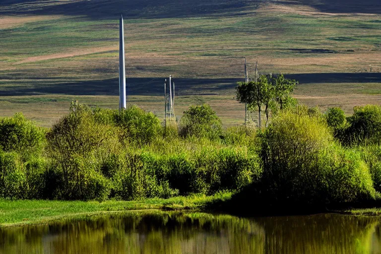 Image similar to a hill with a radio tower next to a pond, hills in background. telephoto lens photography.