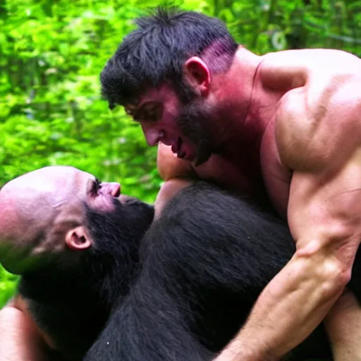 Prompt: joe rogan wrestling a gorilla in the dmt forest