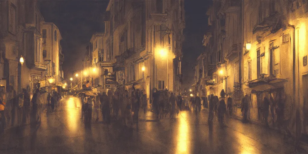 Image similar to cadiz street at night, crowded, 8K, trending on artstation, golden ratio, rule of thirds, low key, establishing shot, extremely high detail, concept art