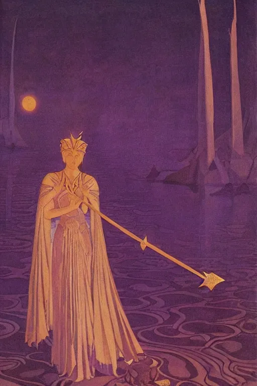 Image similar to lost queen of the night river with her scepter, by Nicholas Roerich and jean delville and Maxfield Parrish, dramatic cinematic lighting , ornate headdress , lost civilizations, extremely detailed