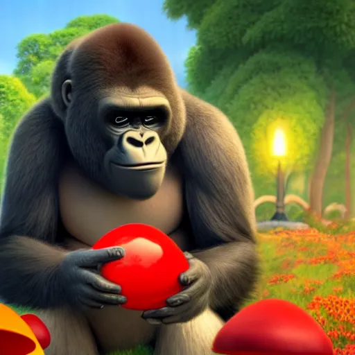 Prompt: a wholesome animation key shot of a gorilla holding a very small red mushroom, chilled out smirk on face, red headphones on head, studio ghibli, pixar and disney animation, sharp, rendered in unreal engine 5, anime key art by greg rutkowski, bloom, dramatic lighting