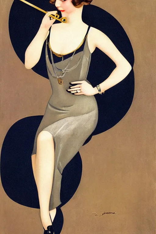 Image similar to a oil painting depicting a Jazz Age high society figure, 1920s style, smooth, highly detailed, high contrast, Coles Phillips, Dean Cornwell, JC Leyendecker, 8K