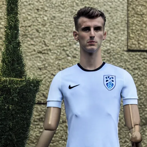 Prompt: a realistic detailed photo of a guy who is an attractive humanoid who is half robot and half humanoid, who is a male android, soccer player mason mount, shiny skin, posing like a statue, blank stare, by the pool, on display