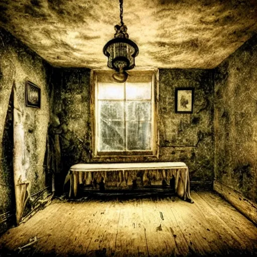 Image similar to picture of ghosts inside a creepy old house surrealism, surrealism album cover