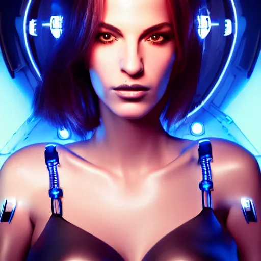 Prompt: realistic detailed portrait of Cyberpunk woman, portrait, long dark hair, cyber implants, Cyberpunk, Sci-Fi, science fantasy, Kelly Brook, glowing skin, full body, beautiful girl, extremely detailed, sharp focus, model