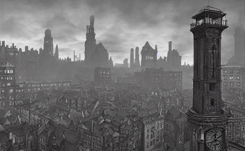 Prompt: an asymetric clocktower, looming above an early 1900s industrial english cityscape at dusk, by tim burton, by zdzislaw beksinski, by igor morski, by laurie lipton, photorealistic, realistic shadows, Burtonesque, German expressionism, 3d, rendered in octane, rendered in lumion, matte painting