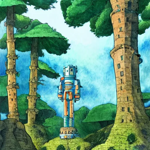 Image similar to laputa castle in the sky robot hayao miyazaki stands in a small clearing among trees, watercolor illustration for a book