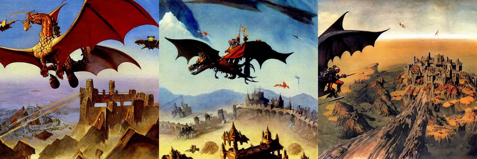 Prompt: a flying medieval fortress above a plain, surrounded by flying dragons, by frank frazetta