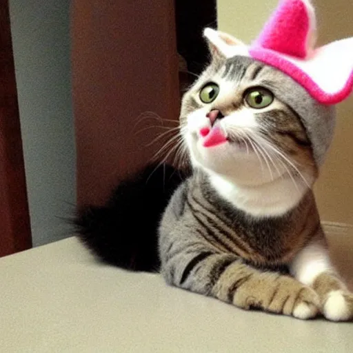 Image similar to cute cat photo licking tongue sticking out, wearing wool hat cat ears