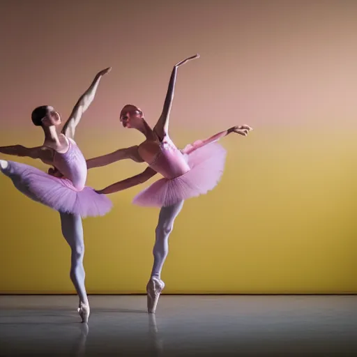 Prompt: pas de deux, two ballet dancers doing adagio dance photography, pastel colors palette, anatomic photography, high detail, zoom in, foreshortening, natural light