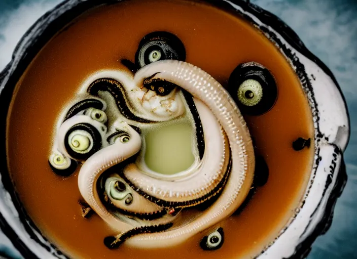 Prompt: dslr photograph of a bowl eldritch horror soup filled with tentacles and eyeballs, 8 5 mm f 1. 8