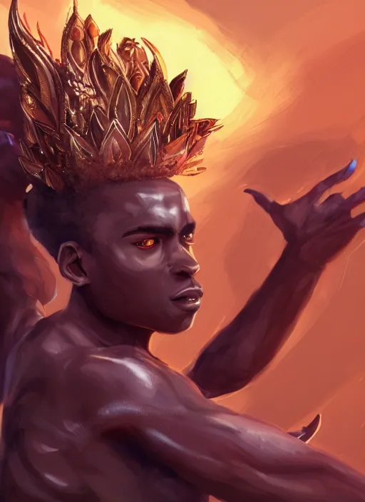 Image similar to a highly detailed illustration of attractive young african fire god with flat top hair, wearing track and field suit, heroic jumping pose, intricate, elegant, highly detailed, centered, digital painting, artstation, concept art, smooth, sharp focus, league of legends concept art, wlop