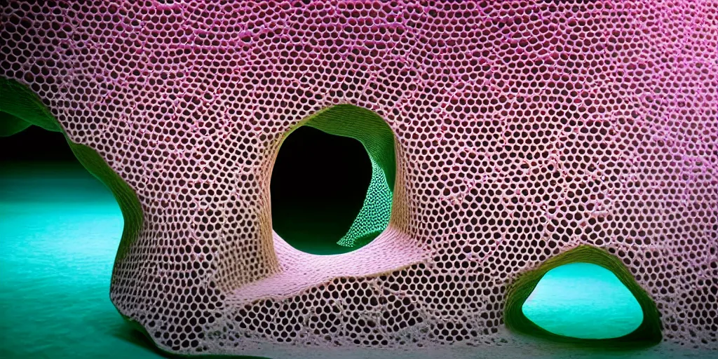 Image similar to biomorphic honeycomb building by ernesto neto, light - mint with light - pink color, 4 k, insanely quality, highly detailed, film still from the movie directed by denis villeneuve with art direction by zdzisław beksinski, telephoto lens, shallow depth of field