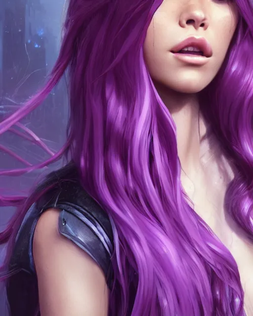 Image similar to madison beer with purple - hair sweaty flowing hair, by marvel trading card, greg rutkowski, wlop, unreal engine, 4 k, hdr