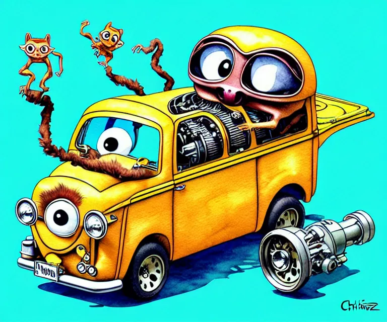 Image similar to cute and funny, tarsier driving a tiny hot rod morris j - type van with an oversized engine, ratfink style by ed roth, centered award winning watercolor pen illustration, isometric illustration by chihiro iwasaki, edited by craola, tiny details by artgerm and watercolor girl, symmetrically isometrically centered