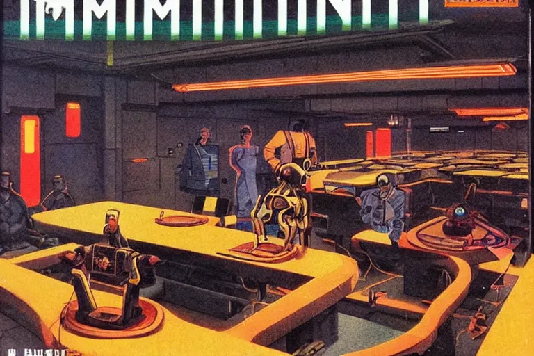 Image similar to 1979 OMNI Magazine Cover of an underground meeting around a table. On the table are blueprints of a robot. Location in neo-Tokyo in cyberpunk style by Vincent Di Fate