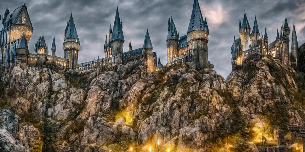 Image similar to insanely detailed long shot of hogwarts castle at night with glowing windows