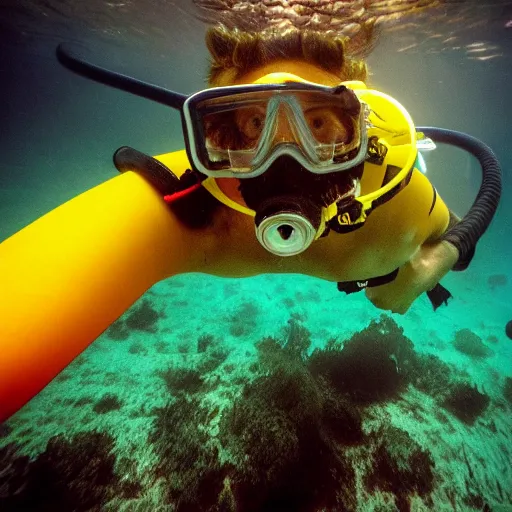 Image similar to high quality underwater photo of a cat scuba diver wearing norkel mask