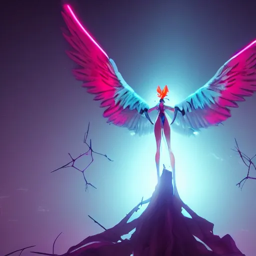 Prompt: evangelion biblical angel invaders with neon wings in a dim dark forest colorful 4 k path traced high definition detailed artstation realistic trending dramatic lighting dark and light contrast