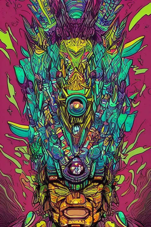 Image similar to totem animal mask tribal feather gemstone plant wood rock shaman vodoo video game vector illustration vivid multicolor borderlands comics by josan gonzales and dan mumford radiating a glowing aura