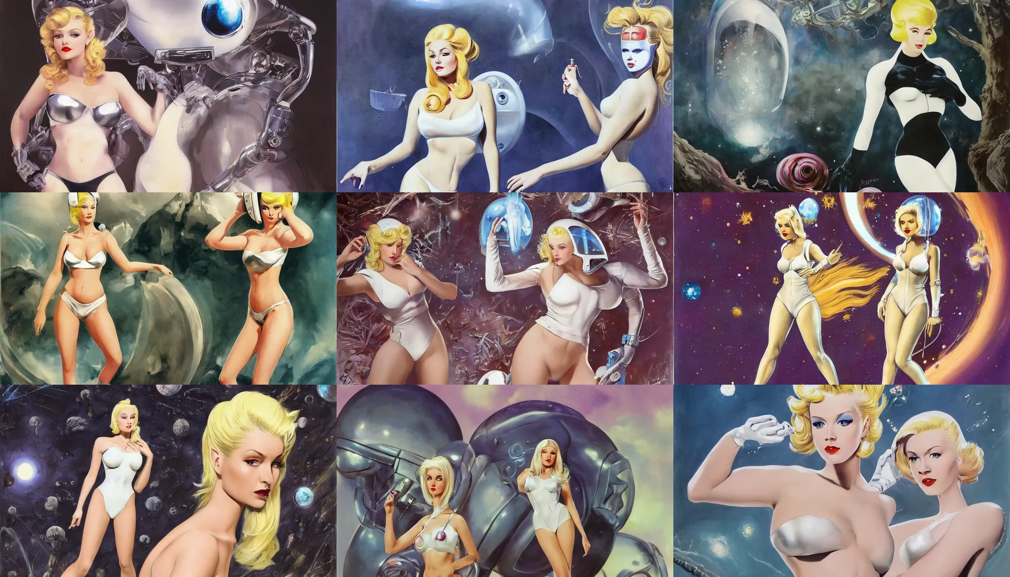 Prompt: A mixed media painting of a very beautiful blonde woman walking through an alien environment, elegant, aesthetic!!! symmetrical face and eyes, piercing gaze, eighties pinup style, photorealistic, curvy, model, futuristic white-space-bikini, 60's cartoon-glass-helmet, epic fantasy character art, full length, by Frank Frazetta, Donato Giancola, Boris Vallejo, Beeple, Greg Rutkowski, Christian MacNevin, high fantasy, prometheus, CGsociety, exquisite detail, post-processing, masterpiece, cinematic