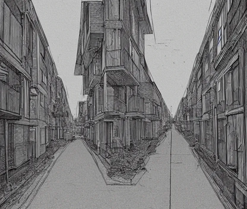 Image similar to A long hallway strip of tall houses on the left and right side of a neighborhood in the fall months, rotoscoped, rotoscope, photoshop, photomanipulation, realism, painting, illustration and sketch, weird scribbles, hybrid styles, hybrid art styles, mismatched, trending on artstation, trending on deviantart, weird, quirky, interesting, very detailed, highly detailed, HD Quality, 4k resolution, 8k resolution, colored with orange brown yellow and red, in the style of David Firth, in the style of James Lee, in the style of Drue Langlois,