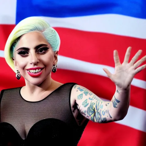 Image similar to Lady Gaga president of Argentina, Argentina flag behind, bokeh, detailed, hd, waving hands